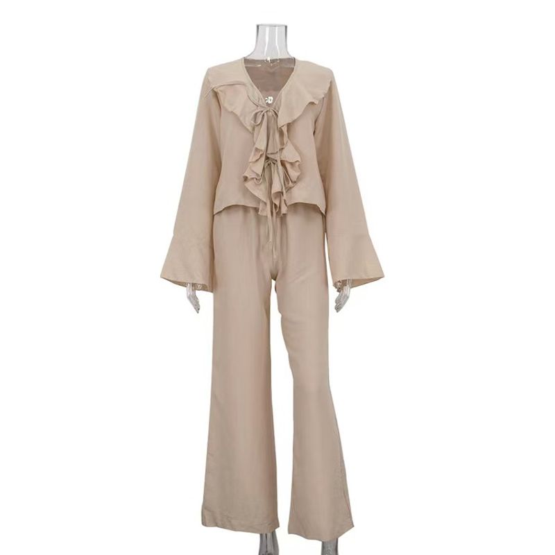 

European and American Fashion V-neck Frill Lace-up Top Wide Leg Pants Set V-Neck Top and Pants Set Khaki L