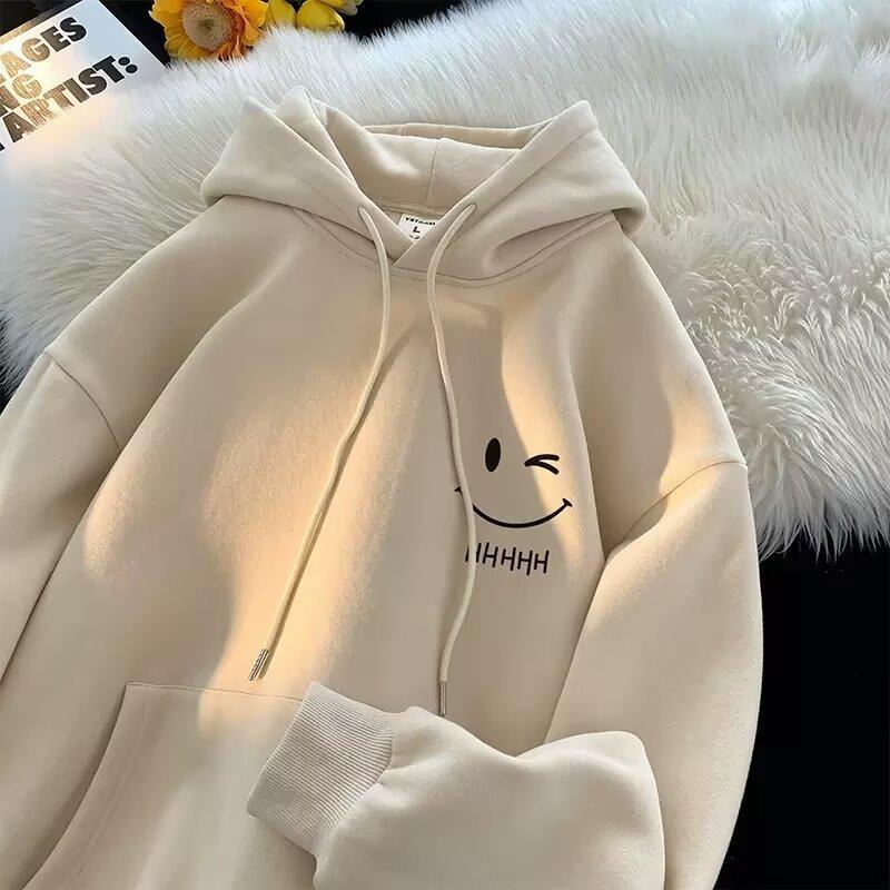 Women's Smiling Face Funny Fashion Couple Hooded Sweater American Heavyweight Loose Thickened Cashmere mens' Hoodie Pullover Top