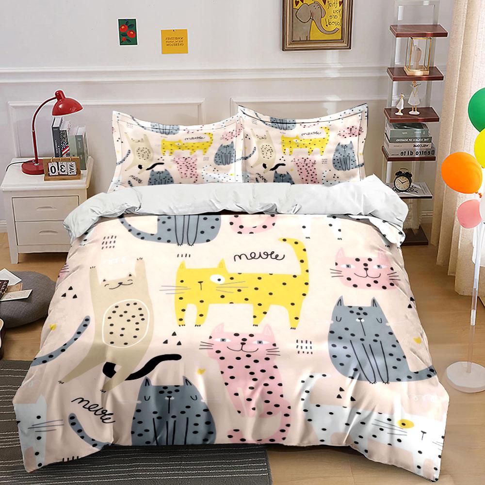 Cartoon Cat Themed Bedroom Set Soft Comfortable Duvet Cover Bedding Set Included 1*Duvet Cover & 2*Pillowcases, Gift