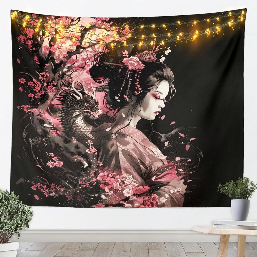 Japanese Geisha Tapestry, Traditional Woman with Red Cherry Blossoms Ink Art Wall Hanging for Bedroom & Artistic Home Decor