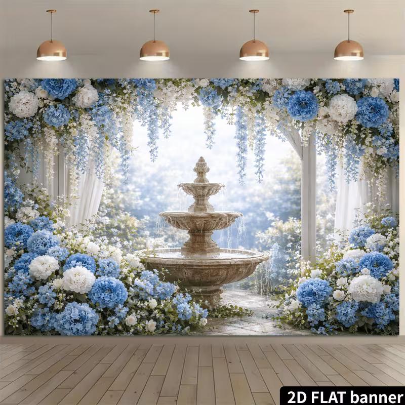 2D Blue and White Flower Themed Wedding Backdrop Photo Background Banner