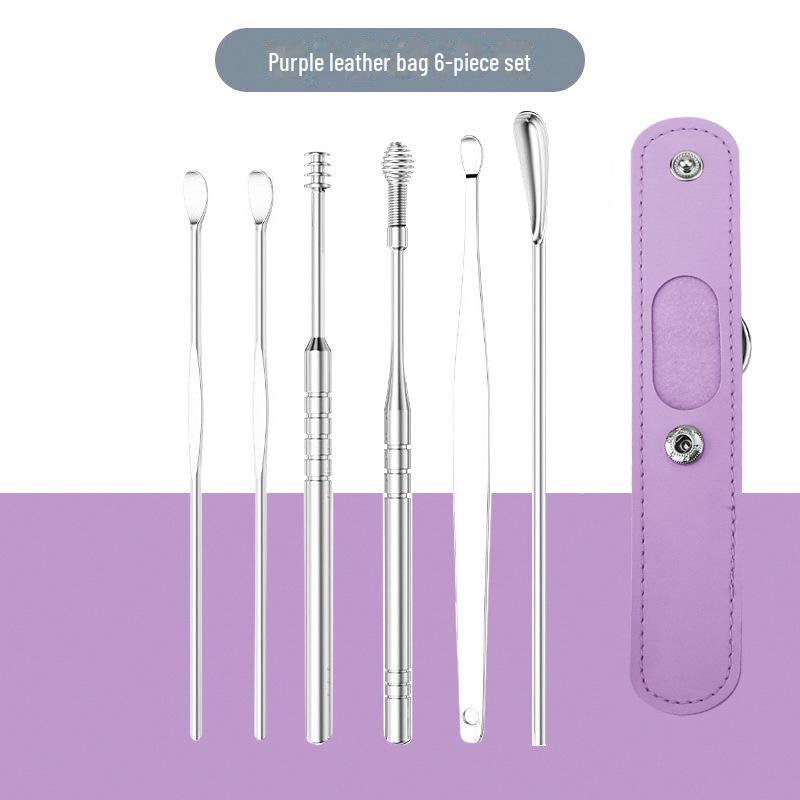 Six-Piece Stainless Steel Ear Cleaning Set with Spring Spiral Tools & Leather Case