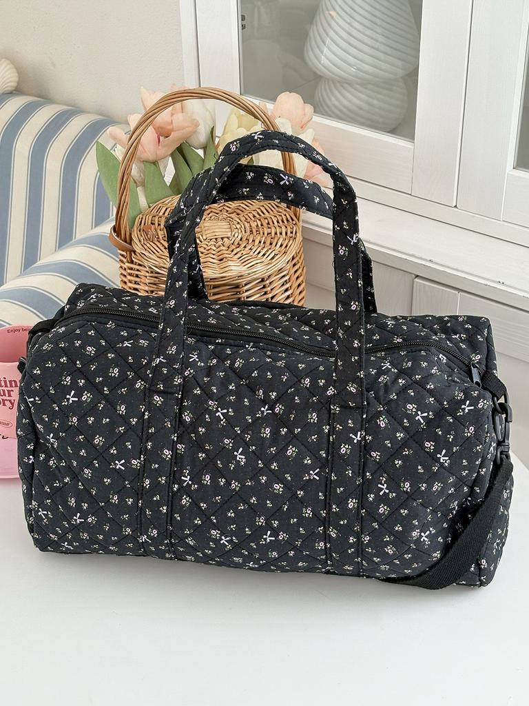 Lightweight Large Capacity Floral Quilted Travel Bag Handheld Diagonal Boston Bag Korean Version Ins Fresh Sweet Cotton Bag