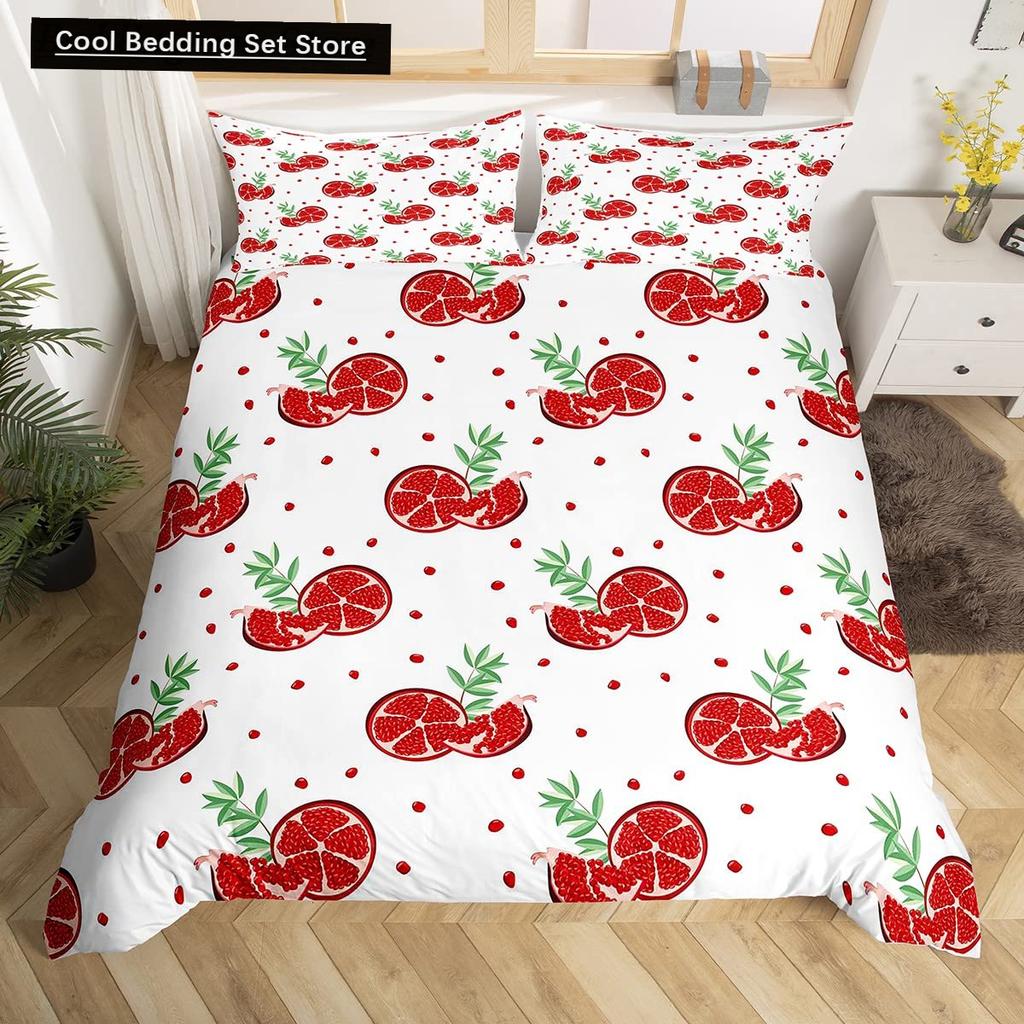 Red Pomegranate King Queen Duvet Cover Summer Tropical Fruit Bedding Set for Adults Green Leaves 2/3pcs Polyester Quilt Cover