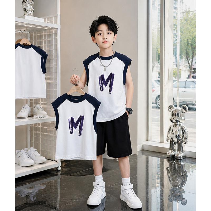 Boys' Trendy Color Block Cotton Vest & Shorts Set: Casual Summer Patchwork Outfit for Kids