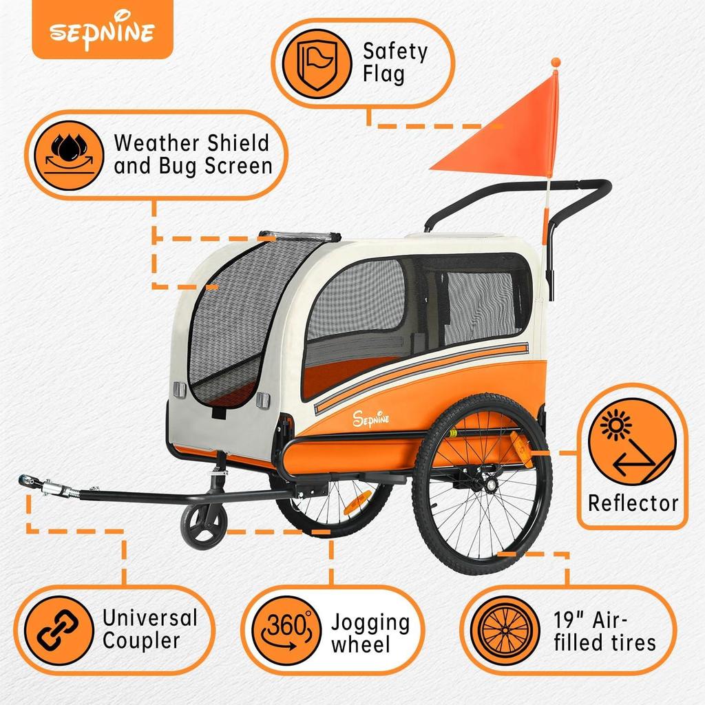 Sepnine 2-in-1 Dog Bike Trailer Stroller,Foldable Dog Cart with Quick Release Wheels,110lbs Capacity,Non-Slip Floor