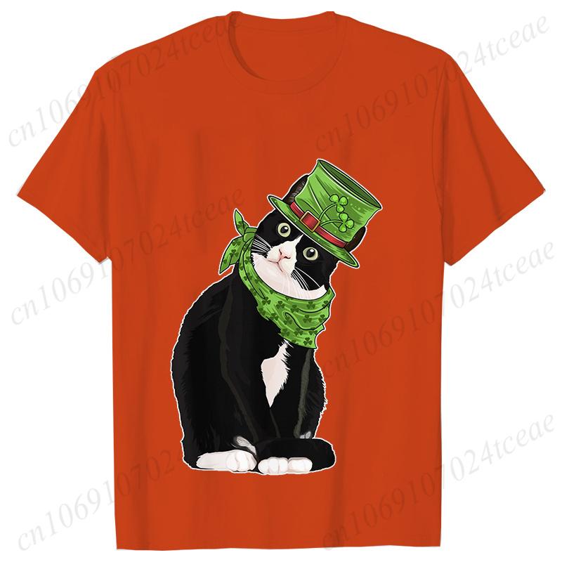 St Patricks Day Print Tshirt Unisex Summer Short Sleeve Tshirts Cut Black Cat with Leprechaun Hat Funny Irish Fashion Tee Tops