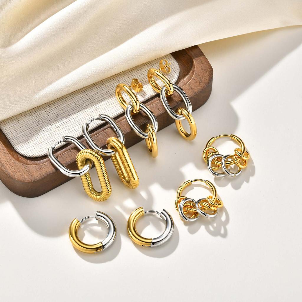 Two Tone Hoop Earrings for Women, Stainless Steel Gold-Silver Color Small Circle Square Huggie Hoop Earrings Trendy Jewelry