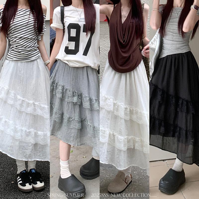 Women's French Patchwork Lace Skirt - Gray, Irregular Harajuku Style for Spring/Summer