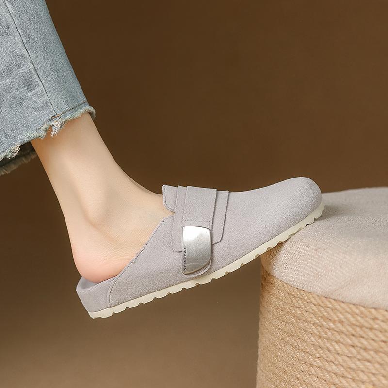 Fashion Round Toe Retro Genuine Leather Kid Suede Covered Toe Slippers Women Med Wedges Heels Leisure Soft Leather Mules Female 2025 New