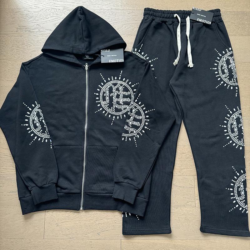 Unisex Rhinestone Zipper Hooded Cardigan & Sweatpants Set with Letter Print.
