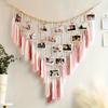 Bohemian Macramé Wall Hanging Photo Display with Clips - Blush Pink Boho Wall Decor for Bedroom Living Room