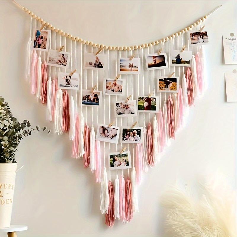 

Bohemian Macramé Wall Hanging Photo Display with Clips - Blush Pink Boho Wall Decor for Bedroom Living Room