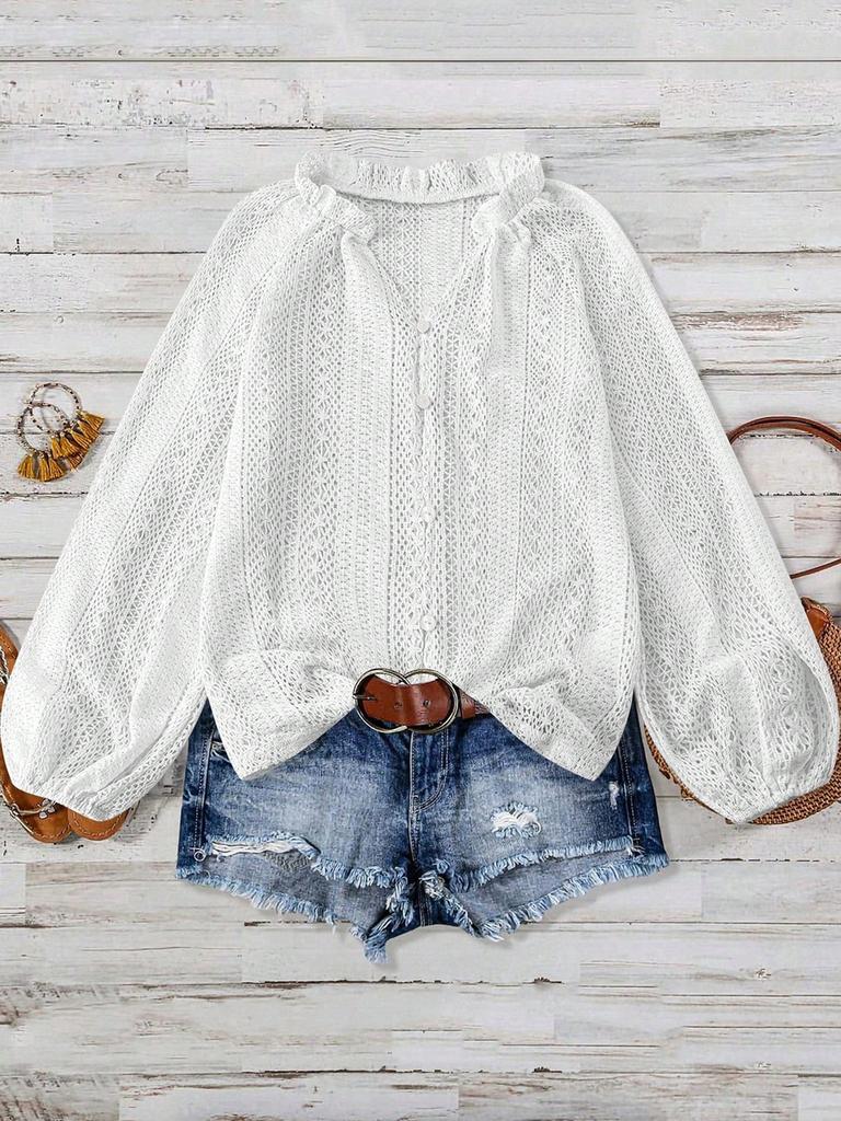 Spring New Loose Fashion Versatile Hollow Lace V-Neck One-Button Pleated Long Sleeve Shirt