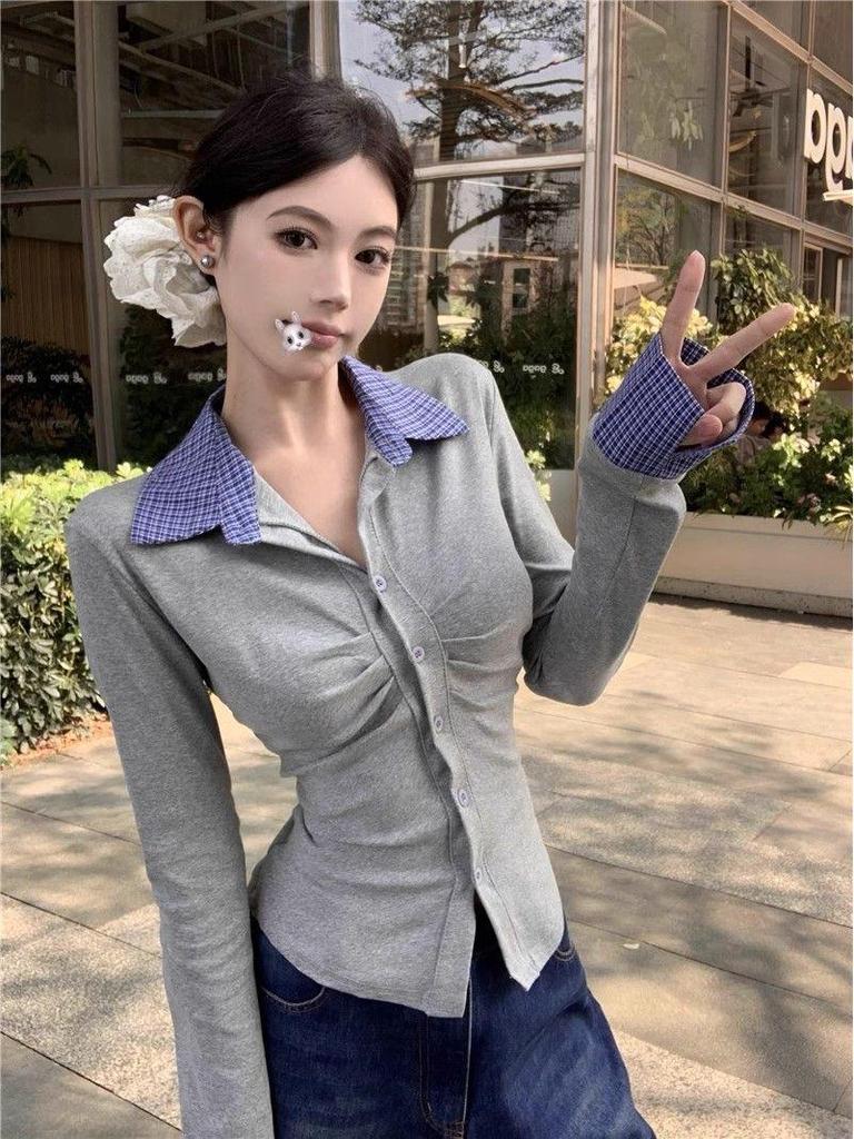 Chic Pleated Patchwork Long Sleeve T-Shirt - Slim Fit Autumn Fashion for Women