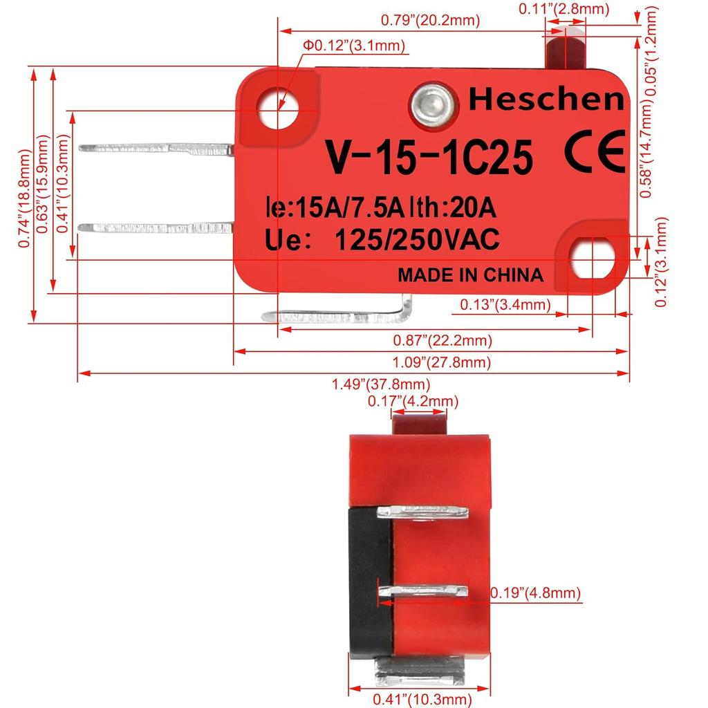 Heschen Micro Switch V-15-1C25 SPDT Button Type 20A 250VAC 2 Pack
