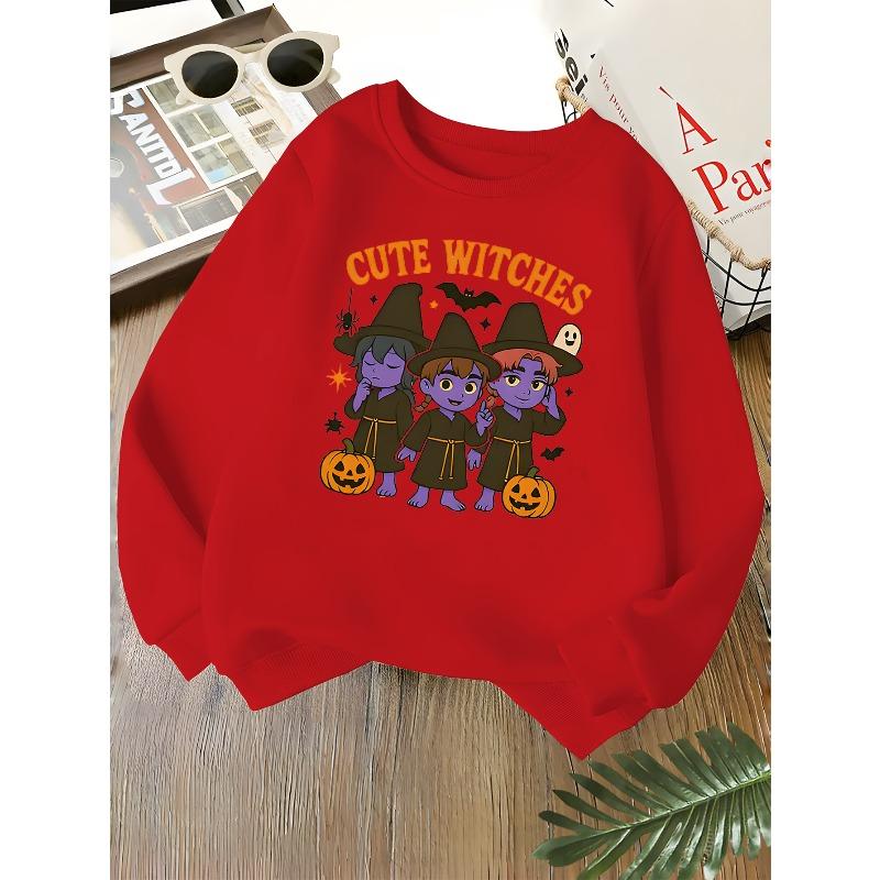 Kids Unisex Pink Crewneck Sweatshirt, Cute Witches Halloween Pumpkin Bat Spider Ghost Cartoon Print, Soft Sweatshirt for Boys Girls Over 4 Years Old