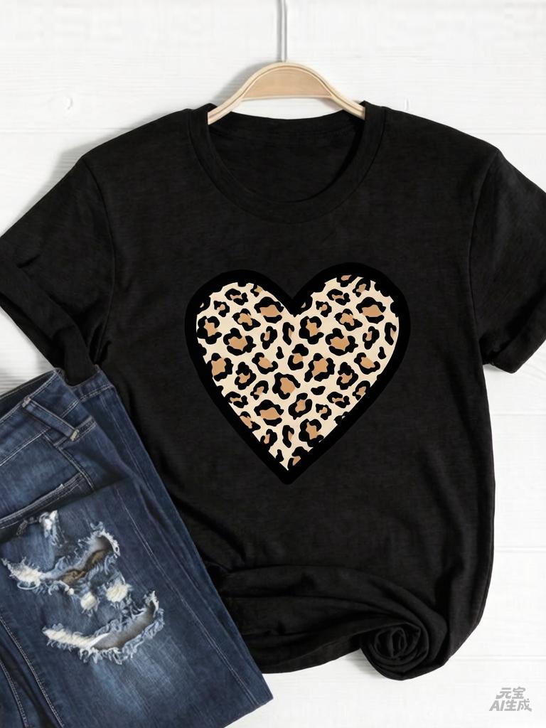 Tee Basic Clothing Women Clothes Print T Shirt Leopard Love Heart Trend Cute Summer Top Fashion Short Sleeve Graphic Tshirt