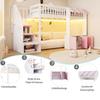 Wooden Loft Bed 90×200 Cm, with Storage Cabinet, Storage Staircase, Multicolor LED Light Strip, Eaves Design, Slatted Frame, Single Bed, Pink