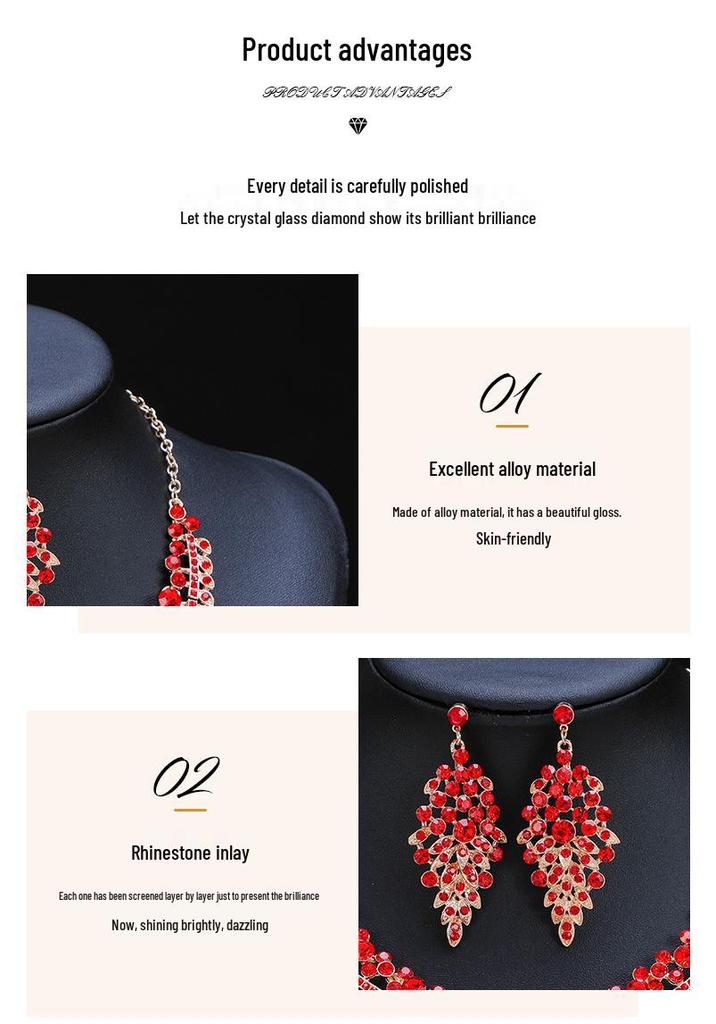 Alloy Clavicle Chain Crystal Gem Necklace & Earring Set - European & American Retro Evening Party Accessories