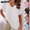 Women's Fashion Casual Solid Color Print Short Sleeve V Neck Blouses & Shirts