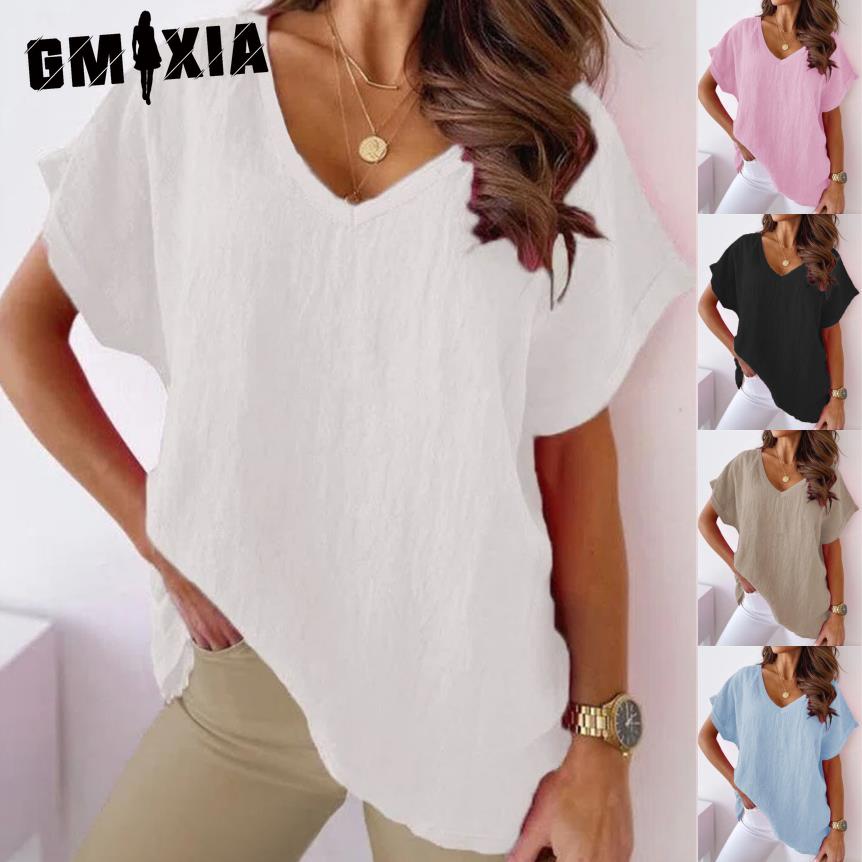 GMXIA Women's Fashion Casual Solid Color Print Short Sleeve V Neck Blouses & Shirts