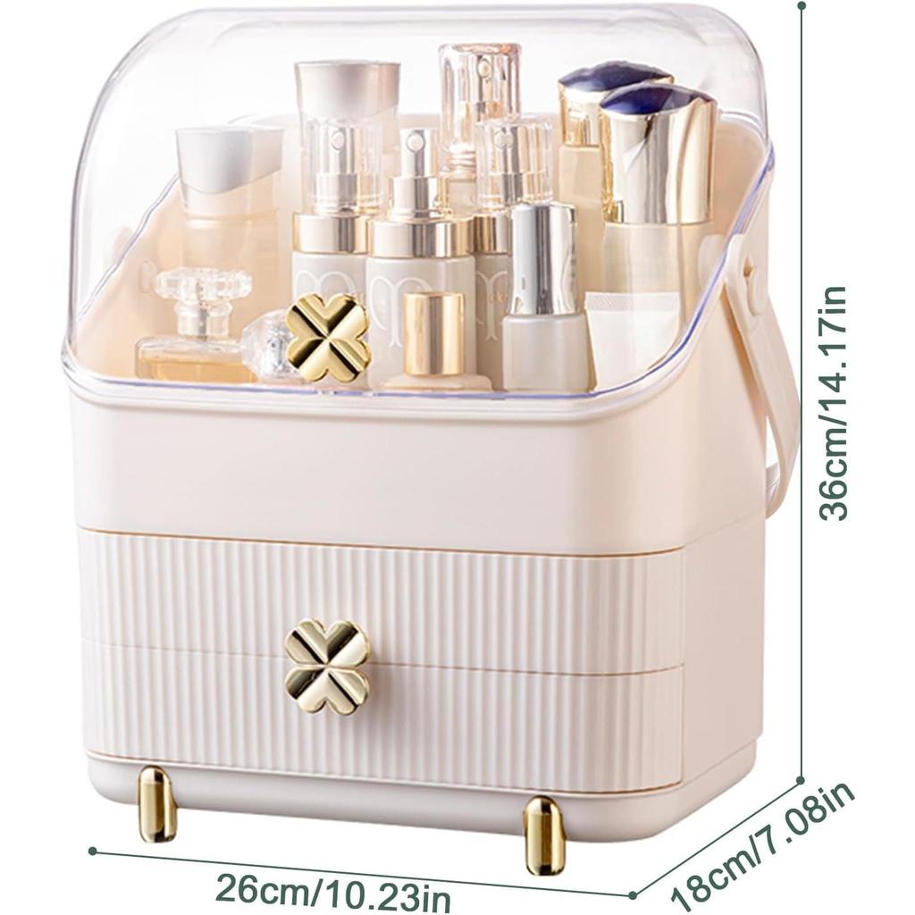 3 Tiers Makeup Organizer Holder Cosmetic Storage Box with Dust Free Cover Portable Handle 2 Rroomy Drawers