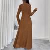 Independent Style European & American Solid Color Ribbed V-Neck Single-Breasted Long Dress for Women - Autumn/Winter Collection