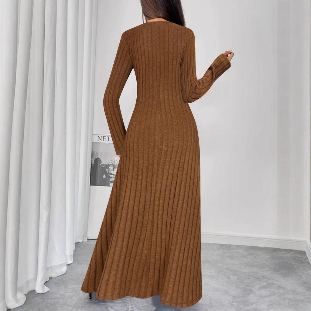 Independent Style European & American Solid Color Ribbed V-Neck Single-Breasted Long Dress for Women - Autumn/Winter Collection