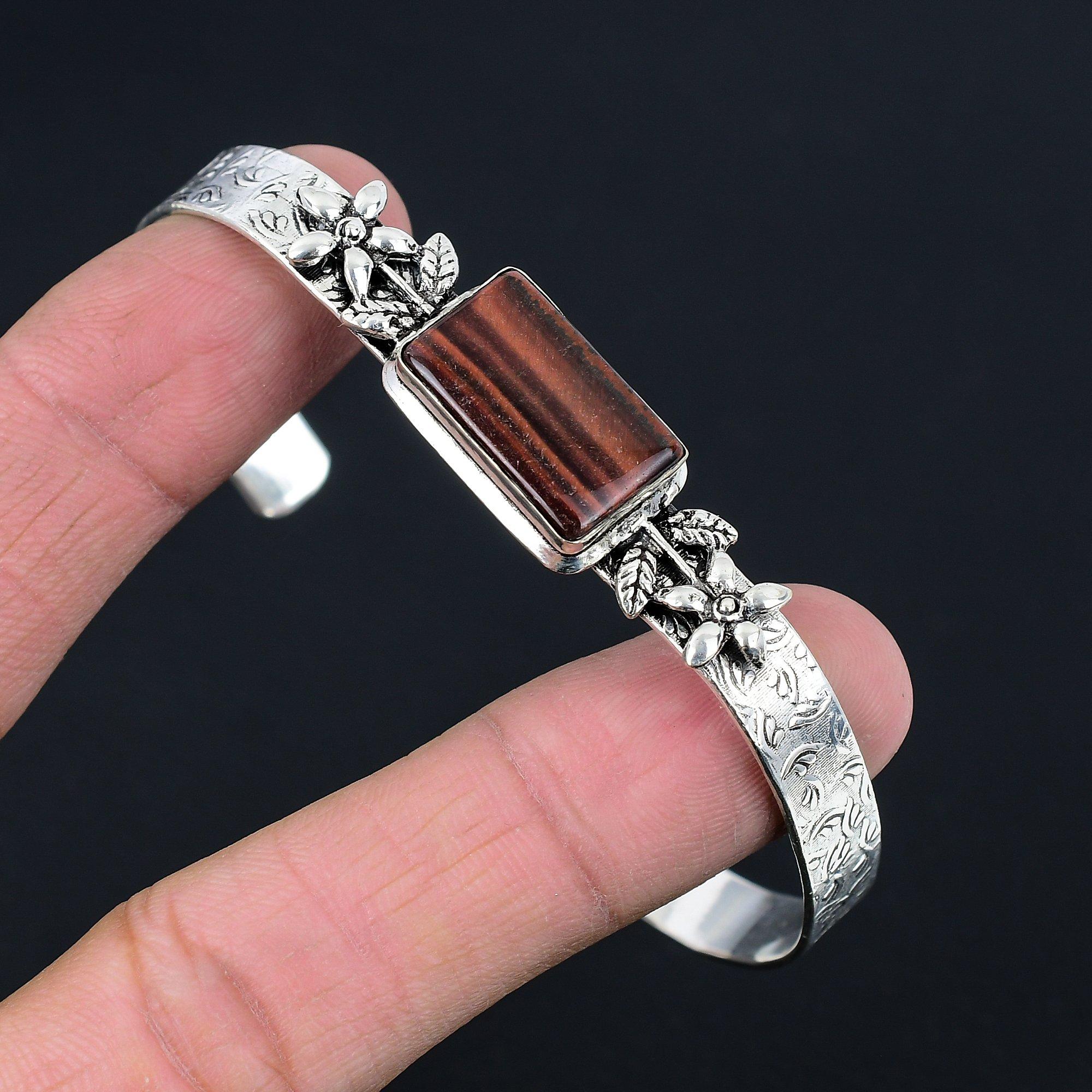 

Womens day Deal Natural Tiger Eye Sterling Silver Flower Wedding Bangle Bracelet Adjustable