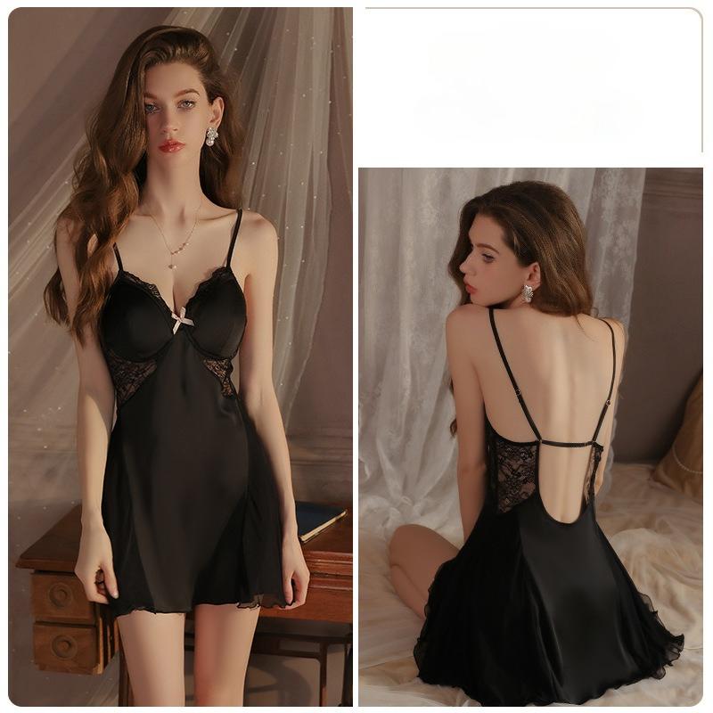 Женская сексуальная кружевная ночная рубашка большого размера, атласное платье для сна, глубокий V-образный вырез, открытая спина, ночная рубашка-камисоль со встроенными чашечками M