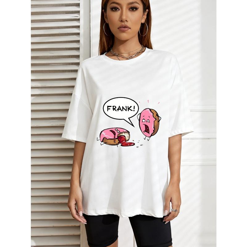 

White Oversized T-Shirt With Donut Cartoon Print And Frank Text For Casual Wear XXXXL