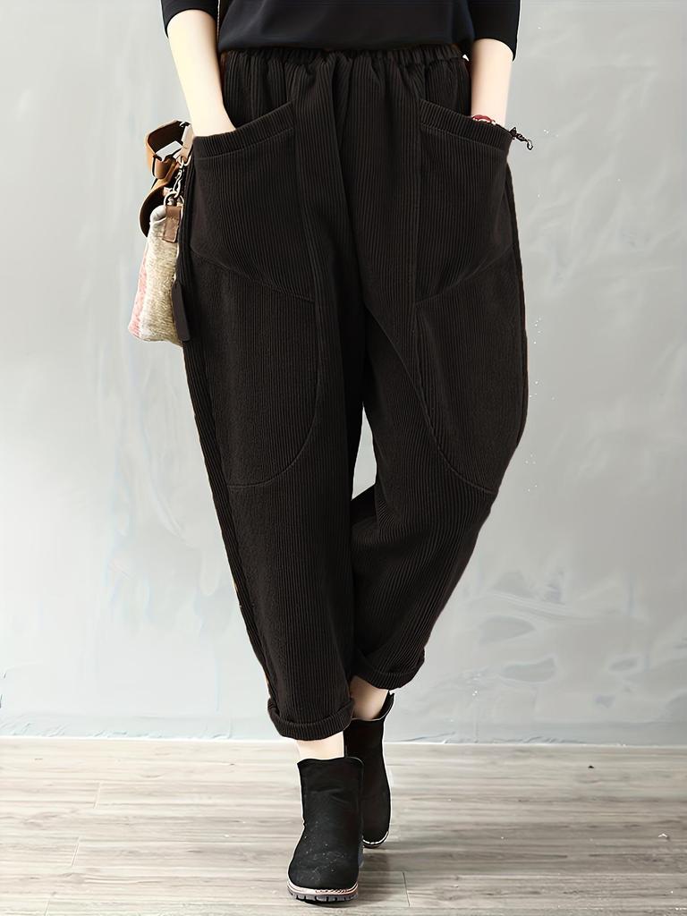 European & American Women's Corduroy Pants - Elastic Waist, Pocketed, Loose Fit, Tapered Leg, 2026 Autumn/Winter Collection