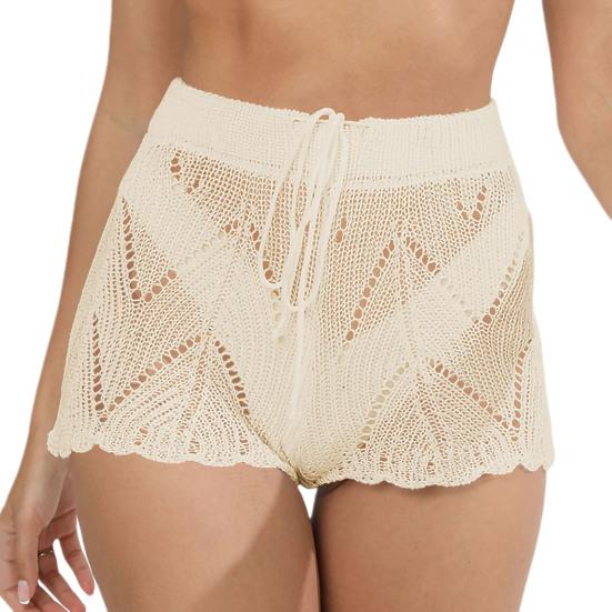 Women Beach Shorts Knitted Hollow Out See Through Drawstring Elastic High Waist Strechy Solid Color Bikini Briefs Covering Mini Shorts Summer