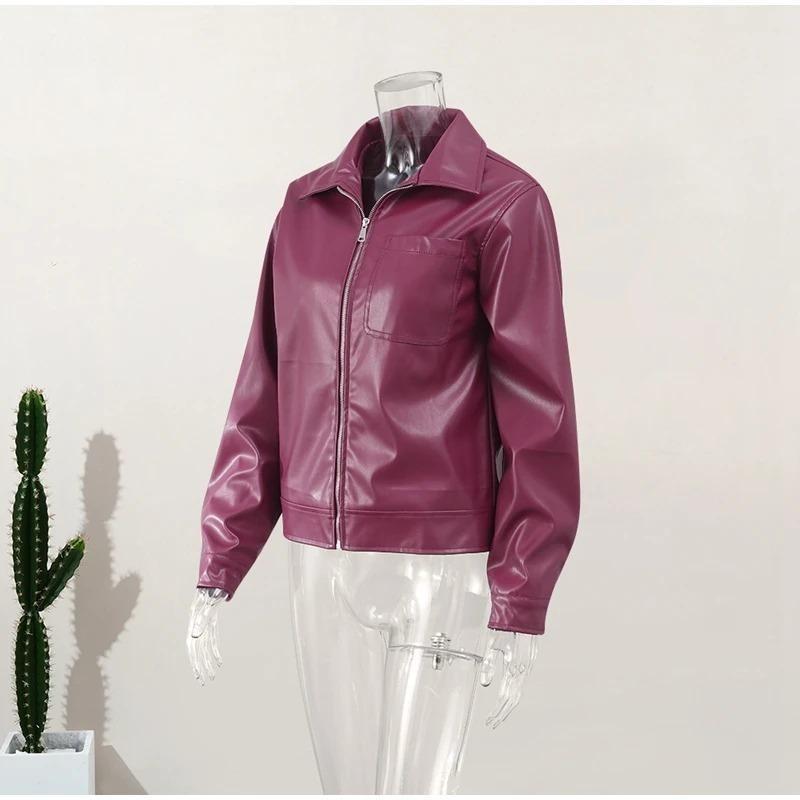 Lässige Burgunderjacke mit Revers, Reißverschluss, Einzeltasche, Mantel, Frühling und Herbst, lockerer Motorrad-Vintage-Mantel, Damen-Stil, Oberteil