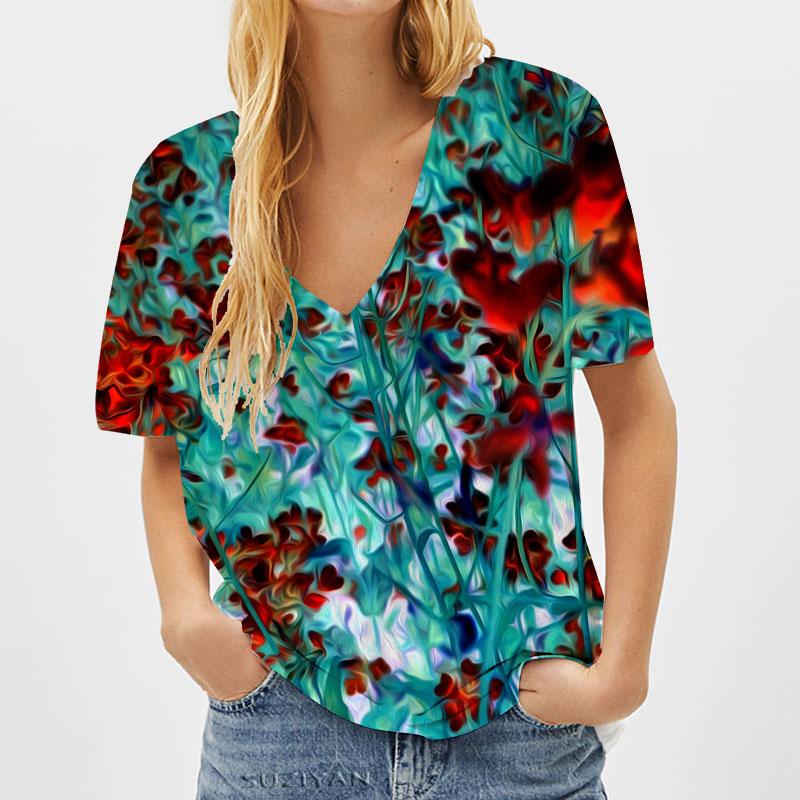 

Модные блузки с весенним цветочным принтом, футболки с V-образным вырезом и короткими рукавами, повседневные M красный