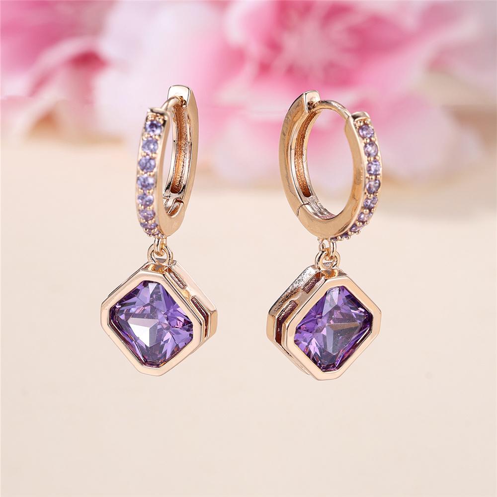 Изящные женские фиолетовые квадратные и круглые серьги-кольца с цирконами Милый золотой цвет Подарки для девушки Свадебные Для женщин