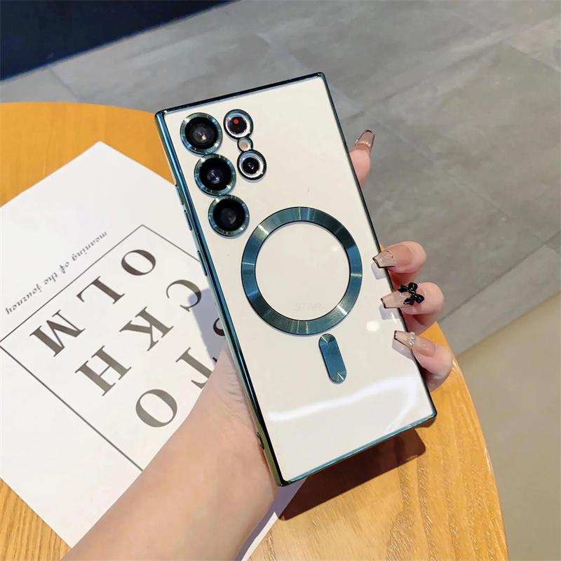 Luxury Plating Transparent For Magsafe Phone Case For Samsung Galaxy S25 S24 S23 Ultra Plus FE Wireless Charge Shockproof Cover