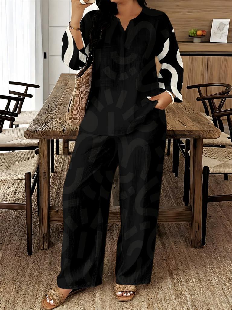 1116 European and American Geometric Printing V-neck Shirt High Waist Drape Wide Leg Pants Complete Set of Women's Clothing