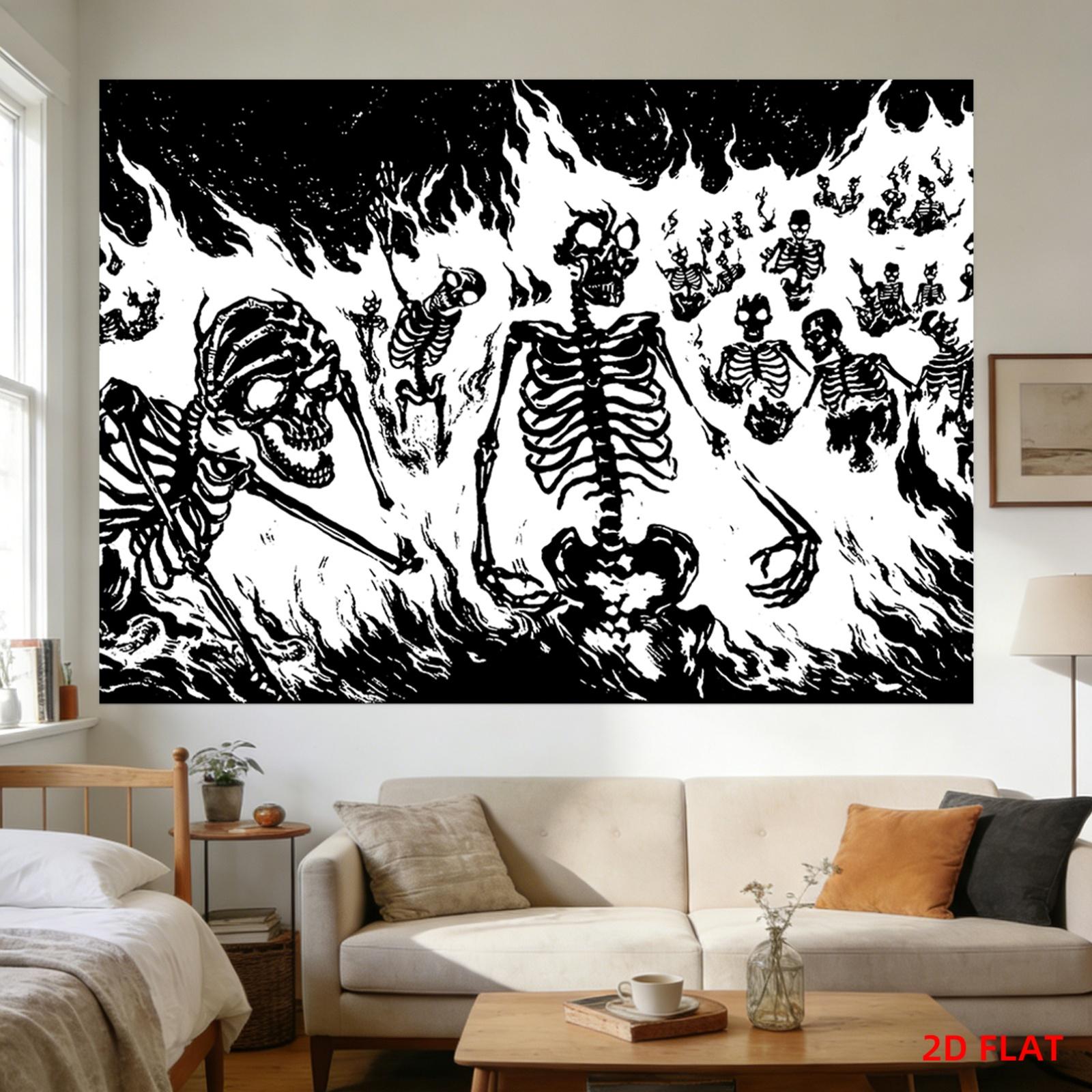 Dark Skull Flame Hanging Cloth Black and White Comic Style Hell Skull Tapestry Subcultural Room Decoration 100X70CM