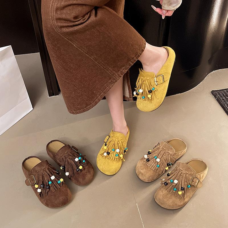 Baotou slippers new platform beaded 2025 autumn retro Boken shoes half a pack of cool slippers outer slippers