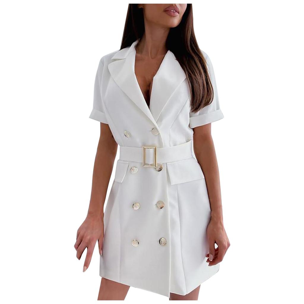 Dámské ležérní módní šaty s krátkým rukávem a stahovacím pasem a zdobené knoflíky