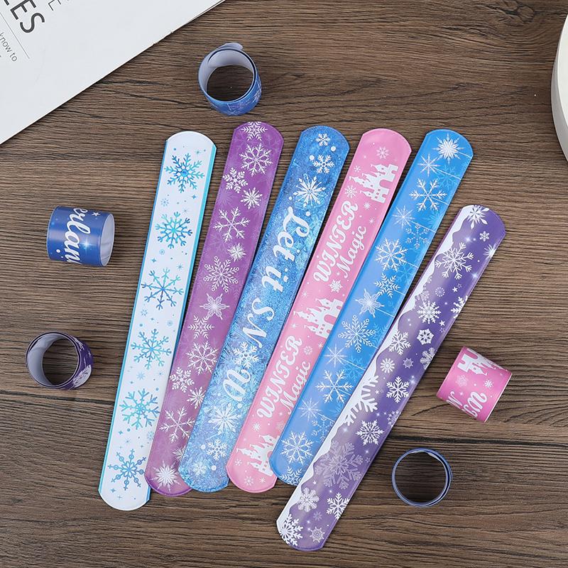 12Pcs Frozen Party Snowflake Slap Bracelets Kids Birthday Party Favors Goodie Pinata Fillers 2025 Winter Christmas Party Gifts