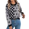 Womens Knitted Sweater Crew Neck Long Sleeve Sweatershirt Loose Dot Checkered Pullover Jumpers