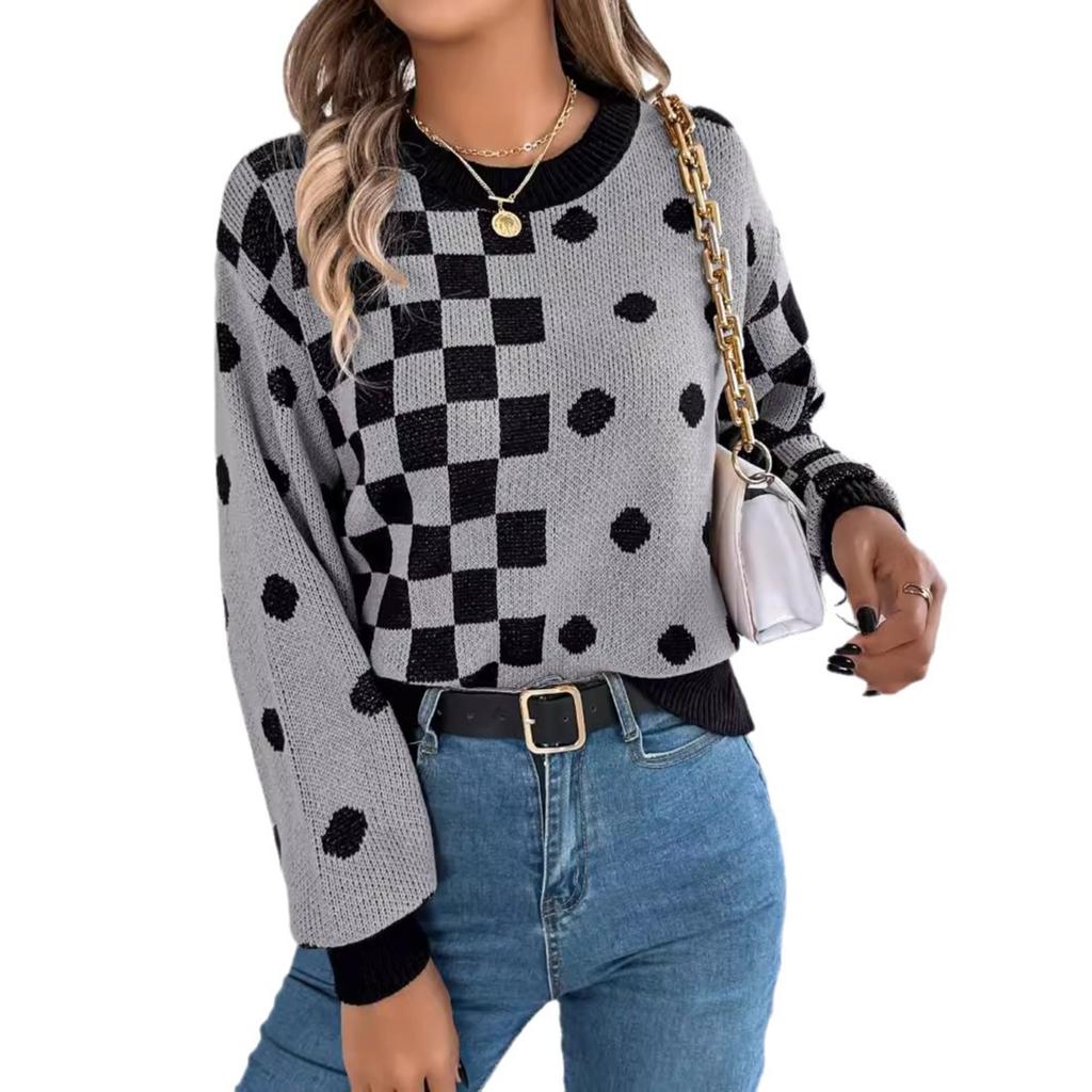 Womens Knitted Sweater Crew Neck Long Sleeve Sweatershirt Loose Dot Checkered Pullover Jumpers