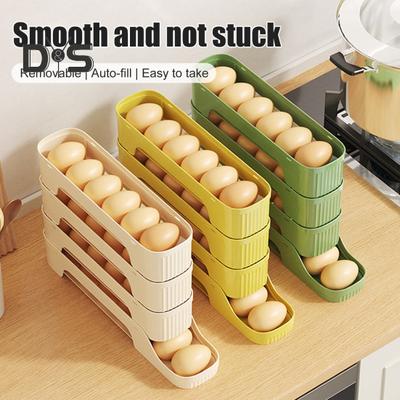 Egg Storage Box Refrigerator Organizer Large Capacity 4 Tiers Space-Saving Auto Rolling Fridge Egg Organizer Egg Dispenser