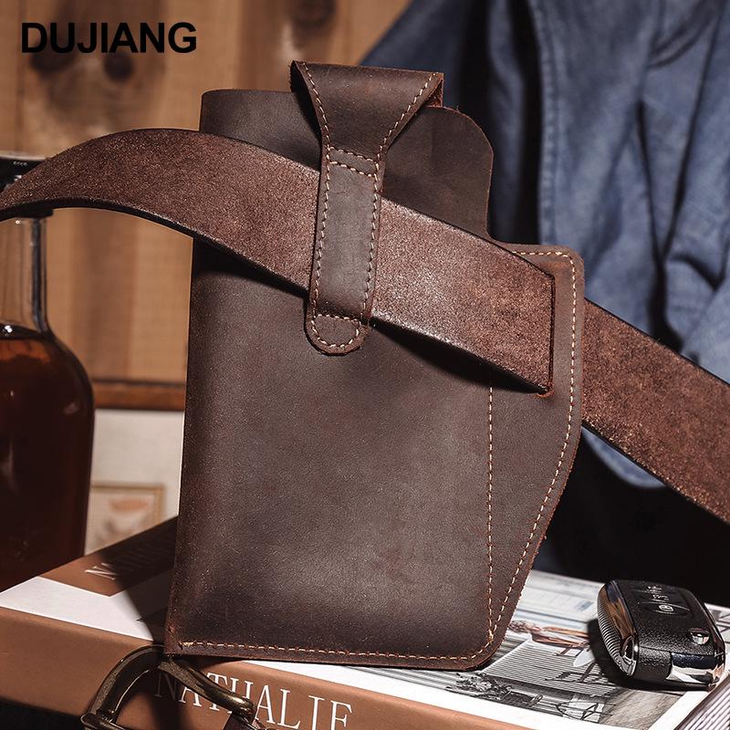 Men's Vintage Genuine Leather Phone Bag - Vertical Style, Durable Crazy Horse Leather, Belt Waist Bag for Work Use