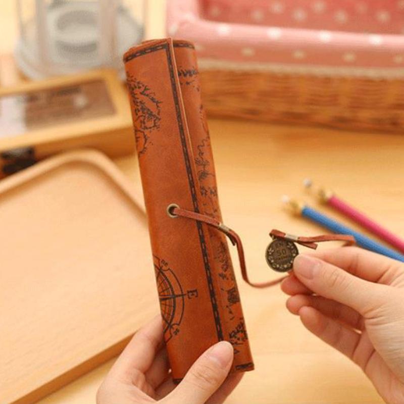 Leather Roll-Up Pouch W/ Embossed Buckle Vintage Treasure Map Pencil Case Large Capacity School Office Organizer