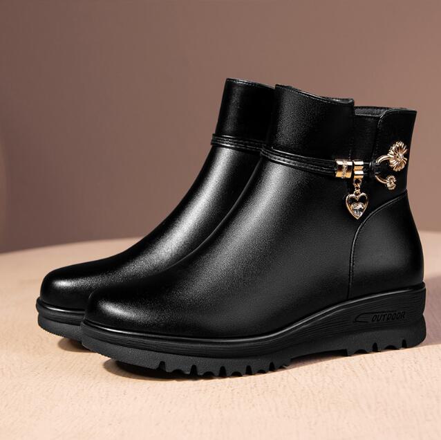 Winter Boots Genuine Leather Wedge Heels Women Snow Boots Famale Non-slip Warm Fur Ankle Boots Women's Casual Flat Shoes