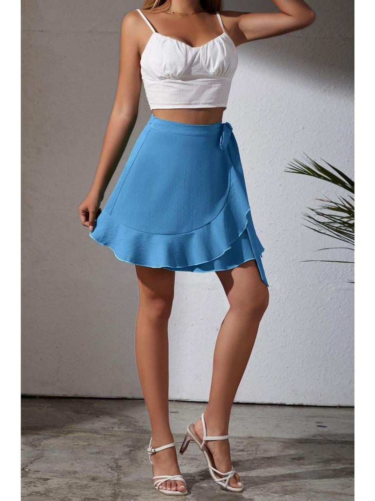 One Piece Lace Up Skirt High Waist Solid Color Ruffled Edge Short Skirt Cross-border Women's Clothing